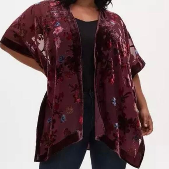 Torrid burnout velvet floral kimono burgundy open front boho romantic 1X 2X - Picture 10 of 10